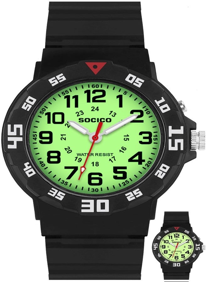 SOCICO Kids Analog Watch with Light for Boys Girls Waterproof Time Teaching Watch with Soft Band Learning Time Wrist Watch Easy to Read for Children Great Gifts, Black, classic and simple - Image 1