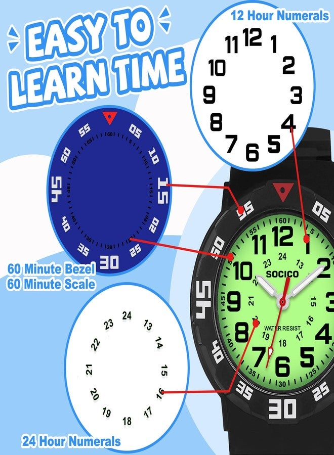 SOCICO Kids Analog Watch with Light for Boys Girls Waterproof Time Teaching Watch with Soft Band Learning Time Wrist Watch Easy to Read for Children Great Gifts, Black, classic and simple - Image 3
