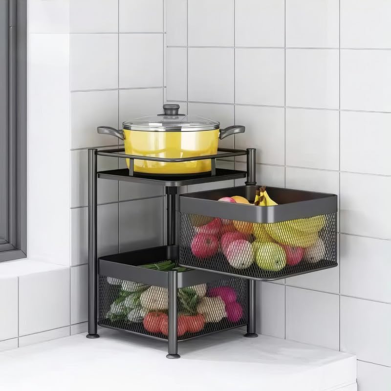 flymore Metal Kitchen Trolley Square Onion Baskets for StorageKitchen Accessories ItemsVegetable Basket for Kitchen Organizer ItemsStorage Portable Kitchen Accessories with WheelsBlackLayer2