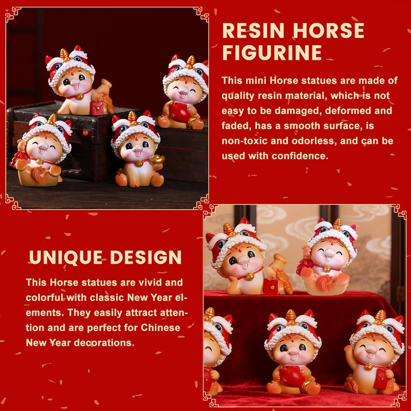 LAIAMER 4 Pcs Chinese New Year Horse Figurines 2026 Resin Mini Golden Year of The Horse Statue for Car Dashboard Office Tabletop Lunar New Year Zodiac Decoration Collection Gift - Image 4