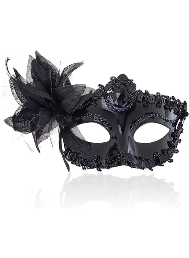 Black Masquerade Mask For Women, Flower Masks, Masquerade Mask Ball Party Mardi Gras For Women.  - Image 1