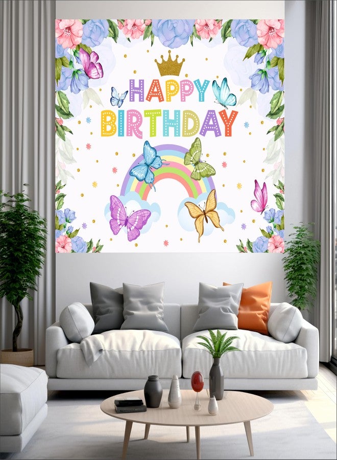 Party Baazaar Flower & Butterfly Theme Backdrop | Theme Birthday Party Decoration | Happy Birthday Decoration Backdrop Cloth Curtain (Pack of 1, Size: 5x4 Feet) - Image 2
