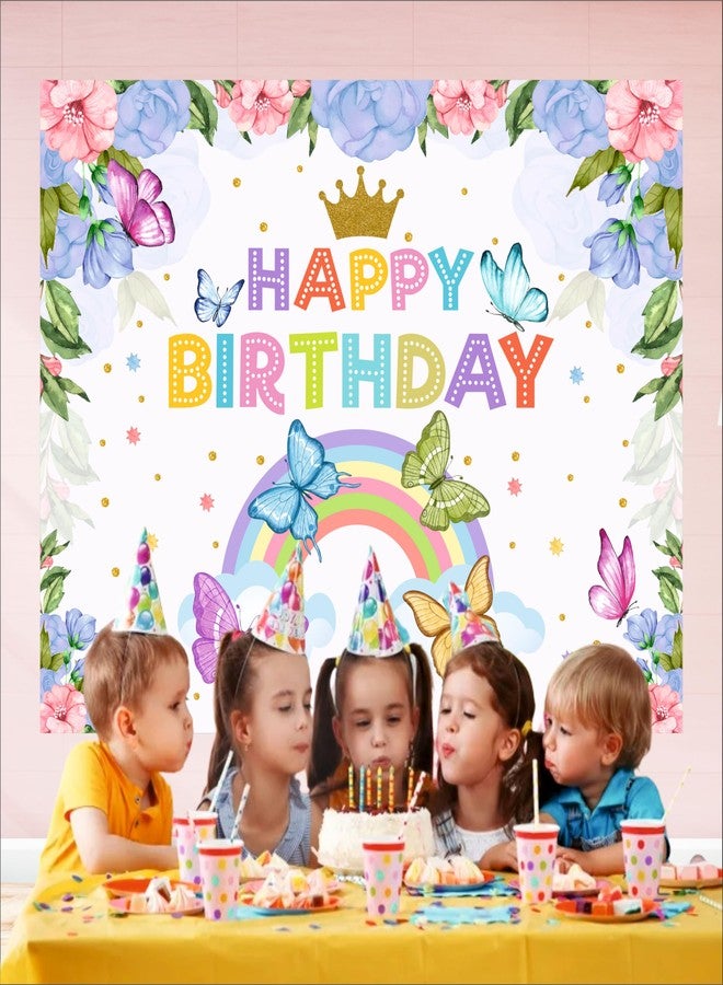 Party Baazaar Flower & Butterfly Theme Backdrop | Theme Birthday Party Decoration | Happy Birthday Decoration Backdrop Cloth Curtain (Pack of 1, Size: 5x4 Feet) - Image 3