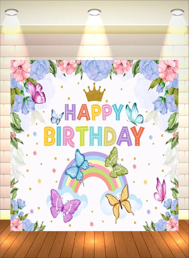 Party Baazaar Flower & Butterfly Theme Backdrop | Theme Birthday Party Decoration | Happy Birthday Decoration Backdrop Cloth Curtain (Pack of 1, Size: 5x4 Feet) - Image 1