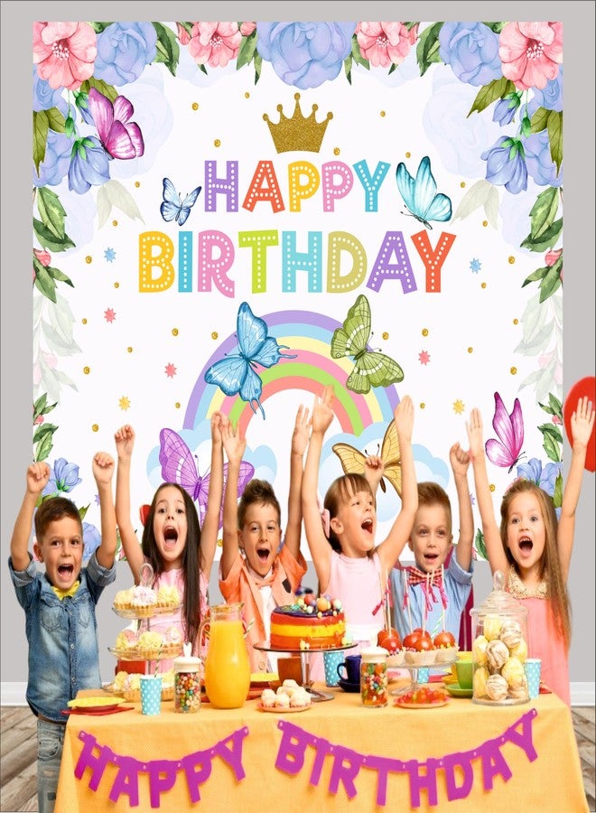 Party Baazaar Flower & Butterfly Theme Backdrop | Theme Birthday Party Decoration | Happy Birthday Decoration Backdrop Cloth Curtain (Pack of 1, Size: 5x4 Feet) - Image 4