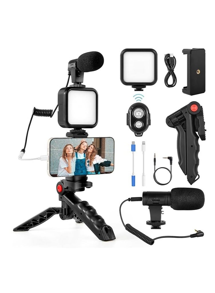 Kalofaye Vlogging Kit for iPhone, Android (With Tripod), with Mini LED Video Light + Cardioid Microphone + Phone Clip + Tripod for Live Broadcasting, Video Calling, Vlogging, YouTube, Instagram TikTok - Image 1
