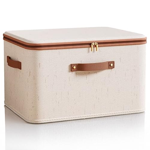 Prime Pick Storage Box Foldable Jute Cotton Cloth Organizer with Lid and Reinforced Handles Washable Wardrobe Storage Bin for Clothes Almirah Drawer Beige XL Size Pack of 1 - Image 1