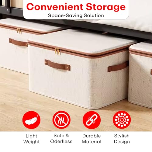 Prime Pick Storage Box Foldable Jute Cotton Cloth Organizer with Lid and Reinforced Handles Washable Wardrobe Storage Bin for Clothes Almirah Drawer Beige XL Size Pack of 1 - Image 5