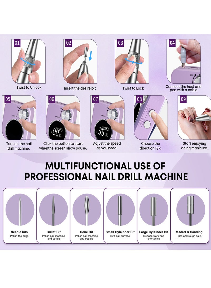 SYOSI مثقاب أظافر كهربائي 35000 دورة في الدقيقة محمول ملف أظافر محترف آلة قابل لإعادة الشحن مجموعة 6 قطع لإزالة طلاء الجل لصالون المنزل - Image 2