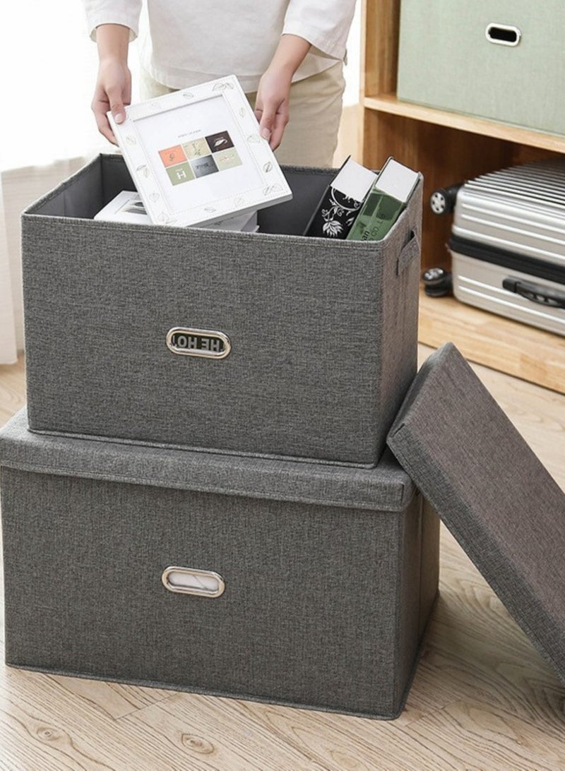 LOOPITYS Cotton Linen Folding Storage Boxes With Lids Decorate The Handle Storage Box With Lid Environmental Protection Durable Fabric Storage For Bedroom Living Room（grey，44*29*30cm） - Image 2