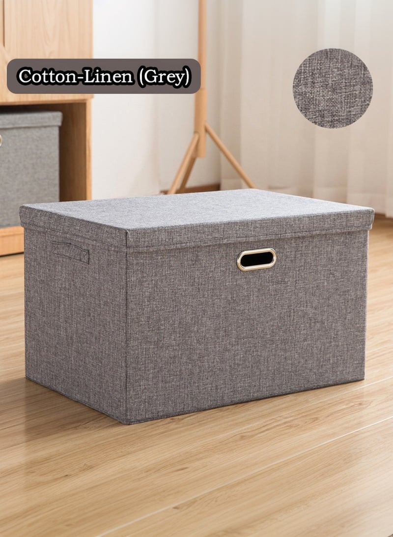 LOOPITYS Cotton Linen Folding Storage Boxes With Lids Decorate The Handle Storage Box With Lid Environmental Protection Durable Fabric Storage For Bedroom Living Room（grey，44*29*30cm） - Image 1