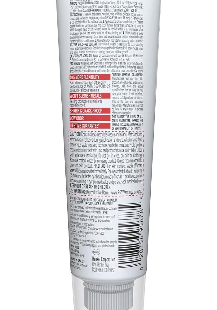 GE Advanced Silicone Kitchen & Bath Sealant, Clear, 2.8 fl oz Tube - Image 2