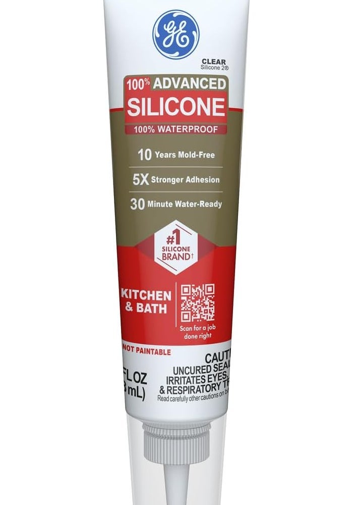 GE Advanced Silicone Kitchen & Bath Sealant, Clear, 2.8 fl oz Tube - Image 1