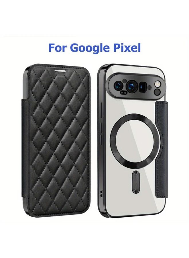 حافظة قابلة للطي أسطوانية عميقة بنفسجية اللون لهاتف Pixel 9 Pro للنساء، غطاء شحن من الجلد مزود بمحفظة مغناطيسية - Image 1