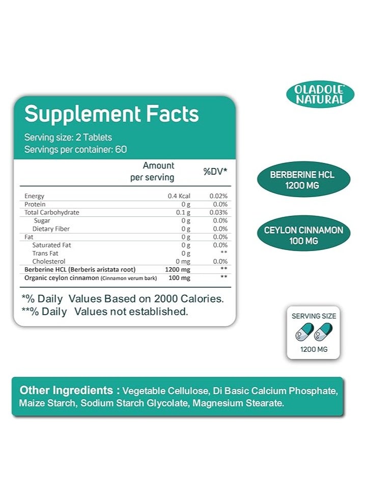 Oladole Natural Oladole Natural Berberine with Ceylon Cinnamon 1200mg 120 Tablets Premium Formula for Weight Management, Antioxidant, Immune Function | Gluten-Free  - Image 3