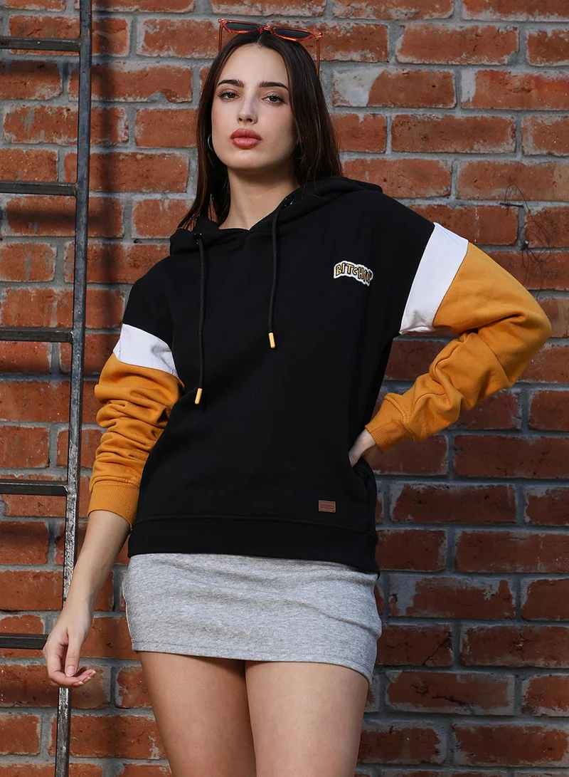 كامبوس سوترا هودي نسائي مريح بياقة بغطاء رأس وأكمام طويلة باللونين الأصفر والأسود للارتداء اليومي