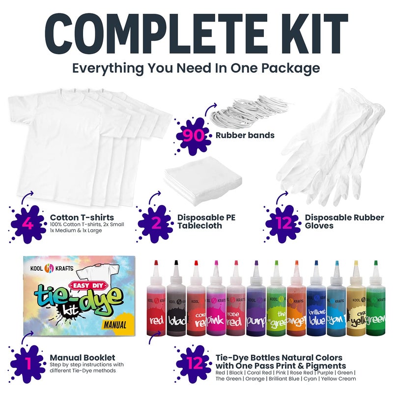 KOOL KRAFTS طقم صبغ قوس قزح KOOL KRAFTS، شامل بالكامل مع 12 لون زاهي، + 4 تي شيرتات بيضاء - مثالي للأطفال والبالغين - مستلزمات حفلات صبغ قوس قزح الممتعة، أطقم صبغ قوس قزح للأطفال من عمر 8-12، طقم صبغ قوس قزح. - Image 2