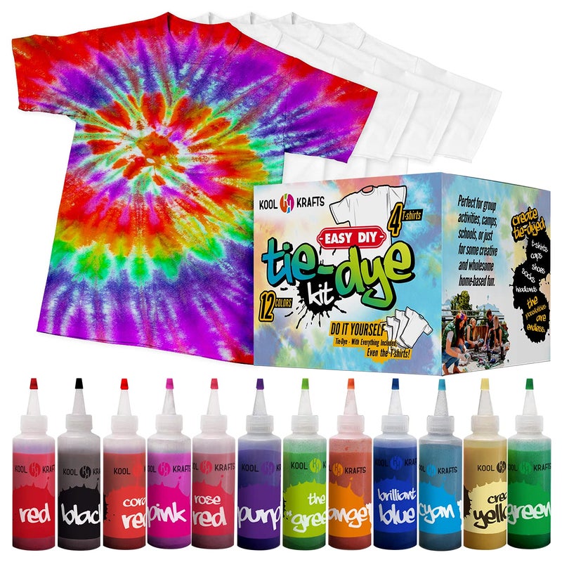 KOOL KRAFTS طقم صبغ قوس قزح KOOL KRAFTS، شامل بالكامل مع 12 لون زاهي، + 4 تي شيرتات بيضاء - مثالي للأطفال والبالغين - مستلزمات حفلات صبغ قوس قزح الممتعة، أطقم صبغ قوس قزح للأطفال من عمر 8-12، طقم صبغ قوس قزح. - Image 1