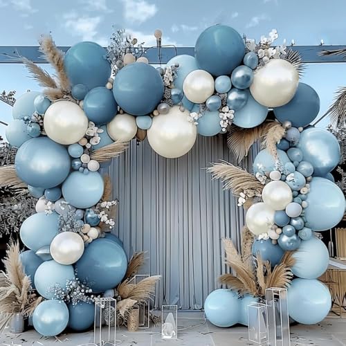 Pinbra Dusty Blue Balloon Garland Double Stuffed Slate Pastel Blue White Sand Pearl Balloon Arch Kit for Baby Shower Birthday Bridal Wedding Graduation Easter Party Decorations - Image 1
