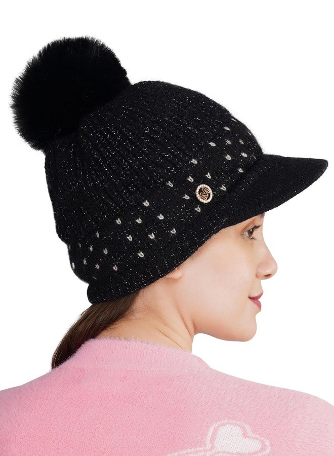 iSWEVEN Woolen Winter Cap for Women Girls, Soft & Warm Pom Pom Visor Beanie Hat - Free Size (4177A, Black) - Image 5