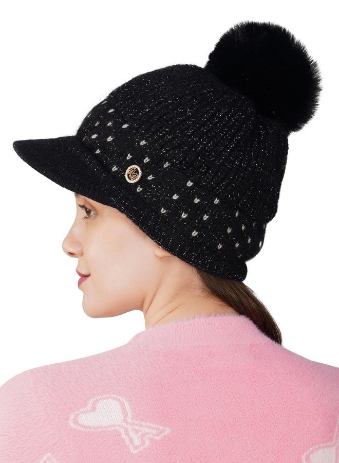 iSWEVEN Woolen Winter Cap for Women Girls, Soft & Warm Pom Pom Visor Beanie Hat - Free Size (4177A, Black) - Image 3