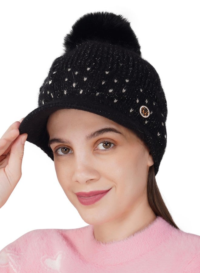 iSWEVEN Woolen Winter Cap for Women Girls, Soft & Warm Pom Pom Visor Beanie Hat - Free Size (4177A, Black) - Image 1