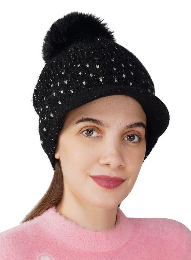 iSWEVEN Woolen Winter Cap for Women Girls, Soft & Warm Pom Pom Visor Beanie Hat - Free Size (4177A, Black) - Image 2