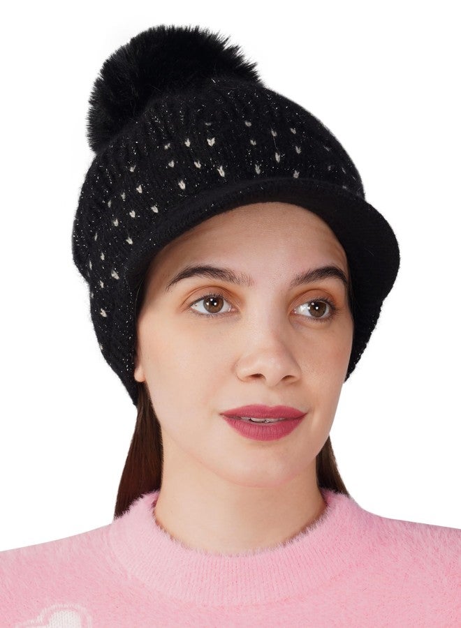 iSWEVEN Woolen Winter Cap for Women Girls, Soft & Warm Pom Pom Visor Beanie Hat - Free Size (4177A, Black) - Image 4