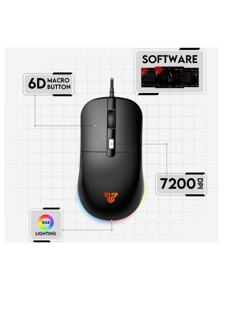 ماوس ألعاب سلكي Fantech VX9S RGB، سرعة 60 IPS / تسريع 20 جيجا، مستشعر بصري 400 - 7200 نقطة في البوصة قابل للتعديل، 10 مليون نقرة، تأثيرات إضاءة RGB، 6 أزرار قابلة للبرمجة ماوس ألعاب