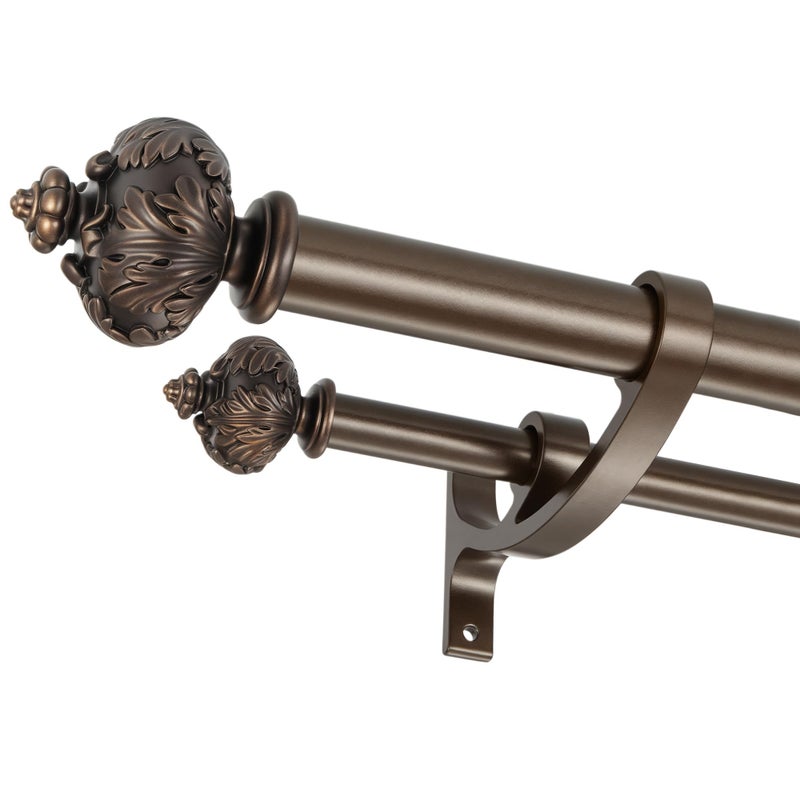 Lwiiom Heavy Duty Double Curtain Rod with Palm Leaves Finials and Aluminum Bouquet Brackets,Double Curtain Rods for Windows 36 to 72 Inches,1 Inch Front, 5/8 Inch Back Double Rods,Dark Bronze - Image 1
