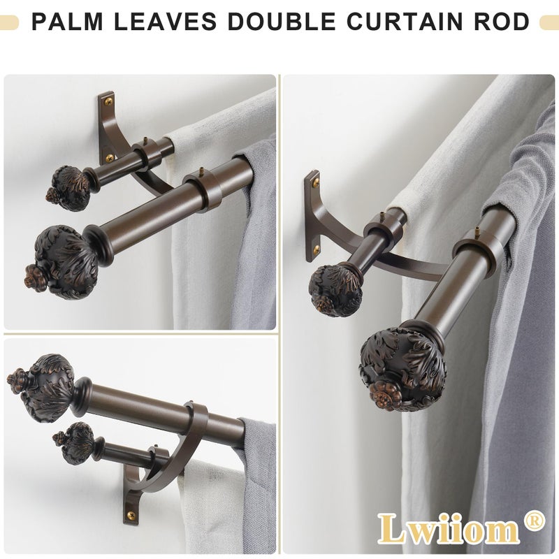 Lwiiom Heavy Duty Double Curtain Rod with Palm Leaves Finials and Aluminum Bouquet Brackets,Double Curtain Rods for Windows 36 to 72 Inches,1 Inch Front, 5/8 Inch Back Double Rods,Dark Bronze - Image 3