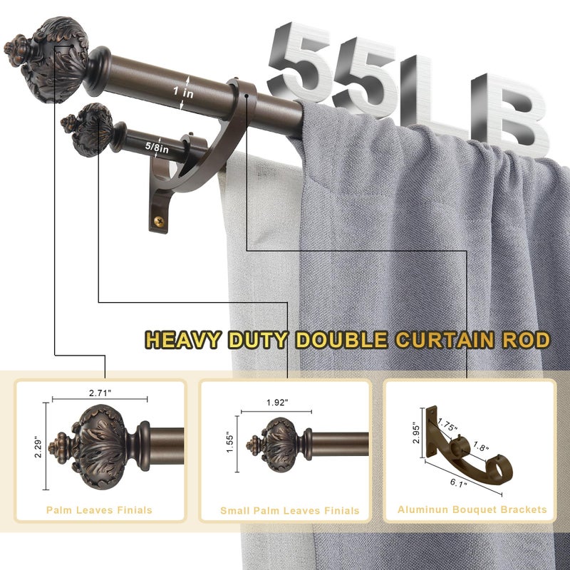 Lwiiom Heavy Duty Double Curtain Rod with Palm Leaves Finials and Aluminum Bouquet Brackets,Double Curtain Rods for Windows 36 to 72 Inches,1 Inch Front, 5/8 Inch Back Double Rods,Dark Bronze - Image 2