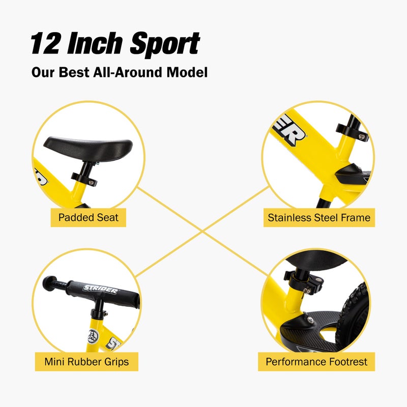 STRIDER دراجة سبيدير الرياضية 12 بوصة، صفراء - دراجة توازن بدون دواسات للأطفال من 1 إلى 4 سنوات - تشمل وسادة أمان، مقعد مبطن، مقابض صغيرة وإطارات غير قابلة للثقب - تجميع وتعديلات بدون أدوات - Image 3