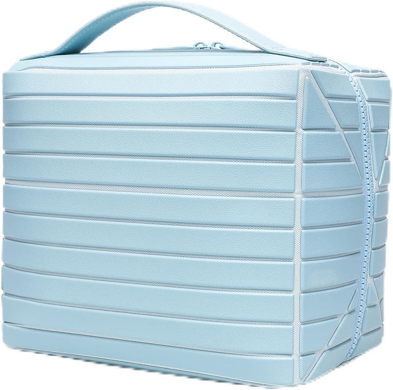 Magic Park Leather Makeup Bag Large Cosmetic Bag for Travel Makeup Organiser Bag with Compact Mirror Portable Toiletry Bag for Women (Blue) - Image 1