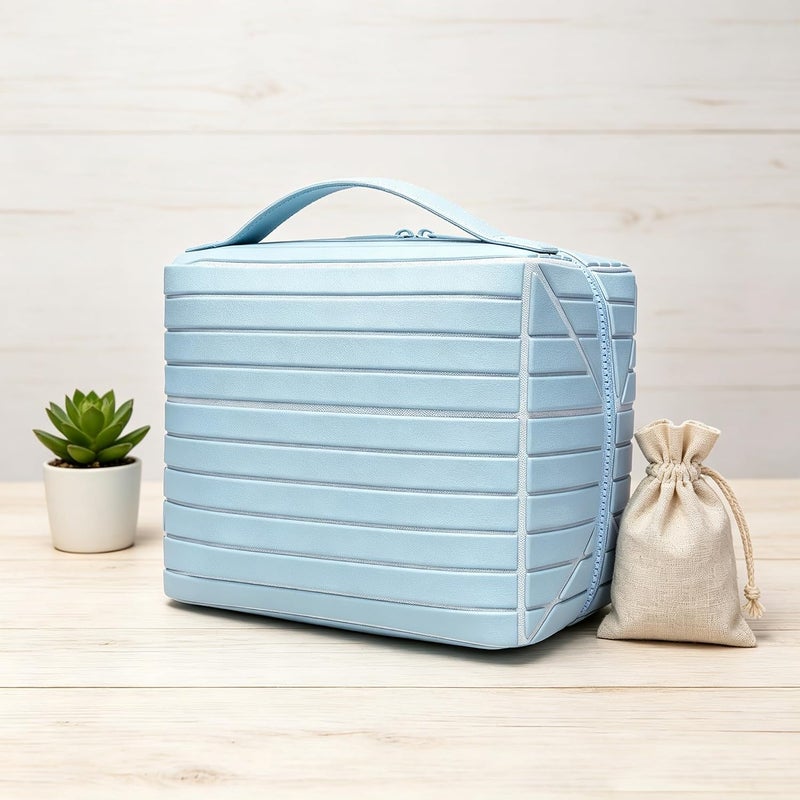 Magic Park Leather Makeup Bag Large Cosmetic Bag for Travel Makeup Organiser Bag with Compact Mirror Portable Toiletry Bag for Women (Blue) - Image 2