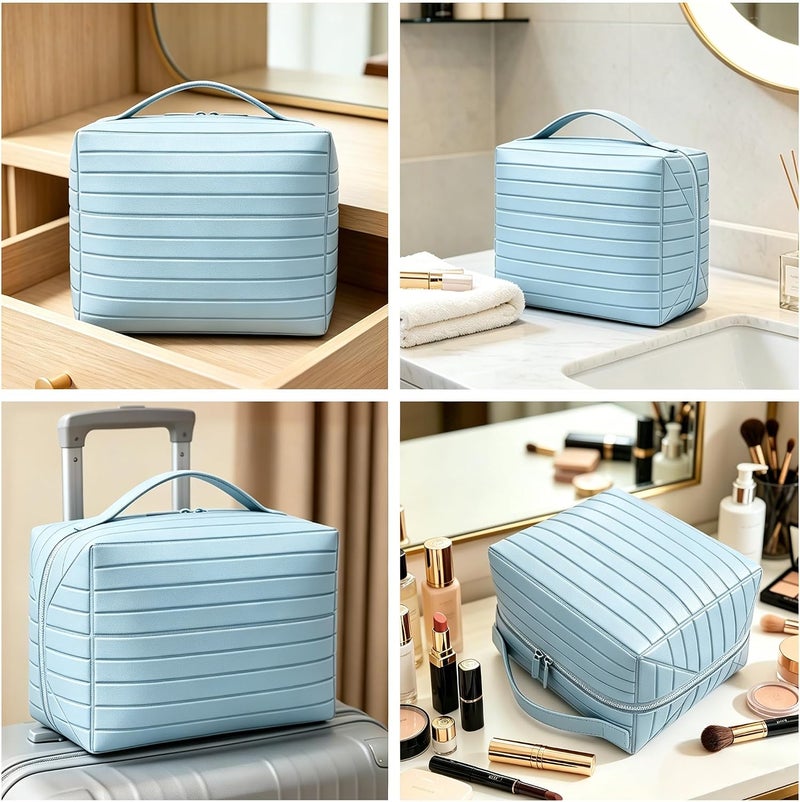 Magic Park Leather Makeup Bag Large Cosmetic Bag for Travel Makeup Organiser Bag with Compact Mirror Portable Toiletry Bag for Women (Blue) - Image 3