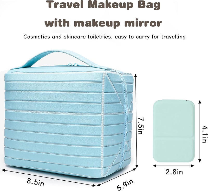 Magic Park Leather Makeup Bag Large Cosmetic Bag for Travel Makeup Organiser Bag with Compact Mirror Portable Toiletry Bag for Women (Blue) - Image 4