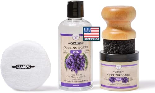 Clark's CLARK’S Cutting Board Oil and Wax Kit - Set includes Food Grade Mineral Oil (12oz), Finishing Wood Wax (6oz), Applicator Sponge & Buffing Pad, Enriched with Food Safe Lavender and Rosemary Extract - Image 1