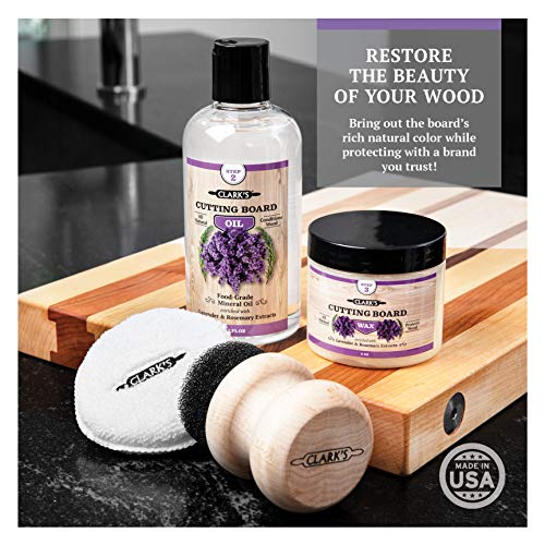 Clark's CLARK’S Cutting Board Oil and Wax Kit - Set includes Food Grade Mineral Oil (12oz), Finishing Wood Wax (6oz), Applicator Sponge & Buffing Pad, Enriched with Food Safe Lavender and Rosemary Extract - Image 2