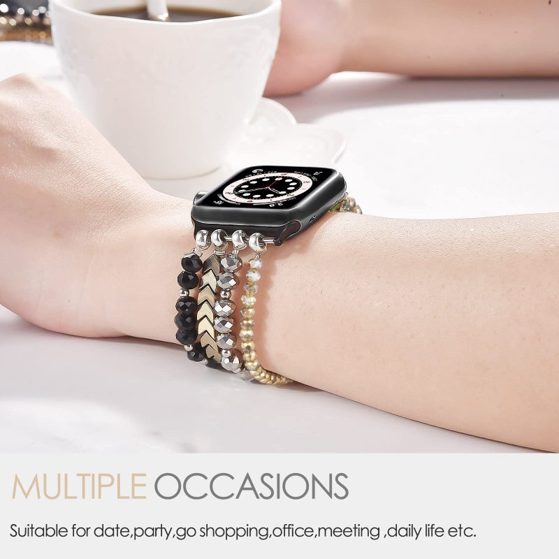 MOFREE Beaded Bracelet Compatible with Apple Watch Band 38mm/40mm/41mm/42mm, Fashion Elastic Stretch Women Bands for iWatch Series 11/10/9/8/7/SE/6/5/4/3/2/1 iPhone Watch Strap Bands (Black/Gray/Gold) - Image 4
