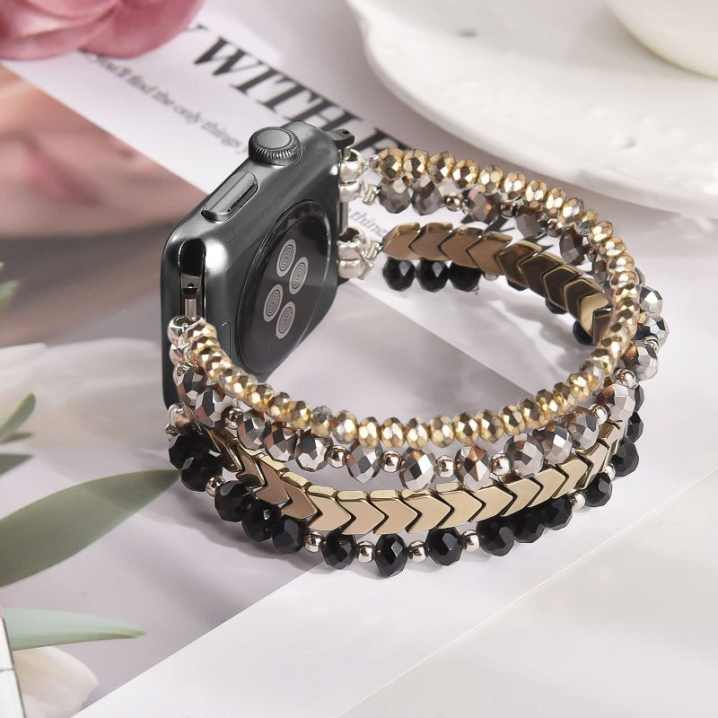 MOFREE Beaded Bracelet Compatible with Apple Watch Band 38mm/40mm/41mm/42mm, Fashion Elastic Stretch Women Bands for iWatch Series 11/10/9/8/7/SE/6/5/4/3/2/1 iPhone Watch Strap Bands (Black/Gray/Gold) - Image 2