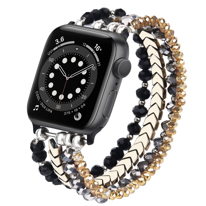 MOFREE Beaded Bracelet Compatible with Apple Watch Band 38mm/40mm/41mm/42mm, Fashion Elastic Stretch Women Bands for iWatch Series 11/10/9/8/7/SE/6/5/4/3/2/1 iPhone Watch Strap Bands (Black/Gray/Gold) - Image 1