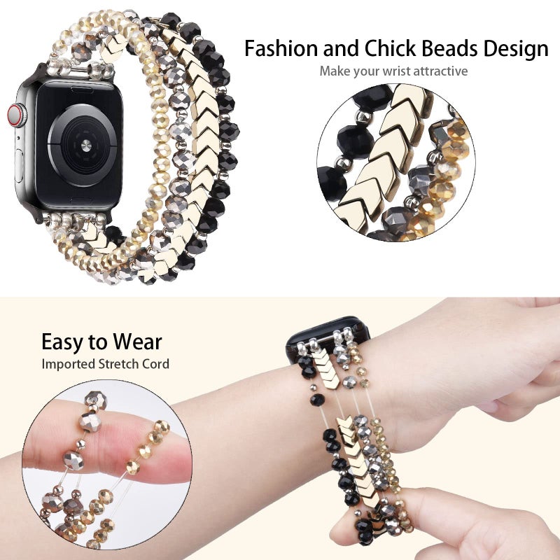 MOFREE Beaded Bracelet Compatible with Apple Watch Band 38mm/40mm/41mm/42mm, Fashion Elastic Stretch Women Bands for iWatch Series 11/10/9/8/7/SE/6/5/4/3/2/1 iPhone Watch Strap Bands (Black/Gray/Gold) - Image 3