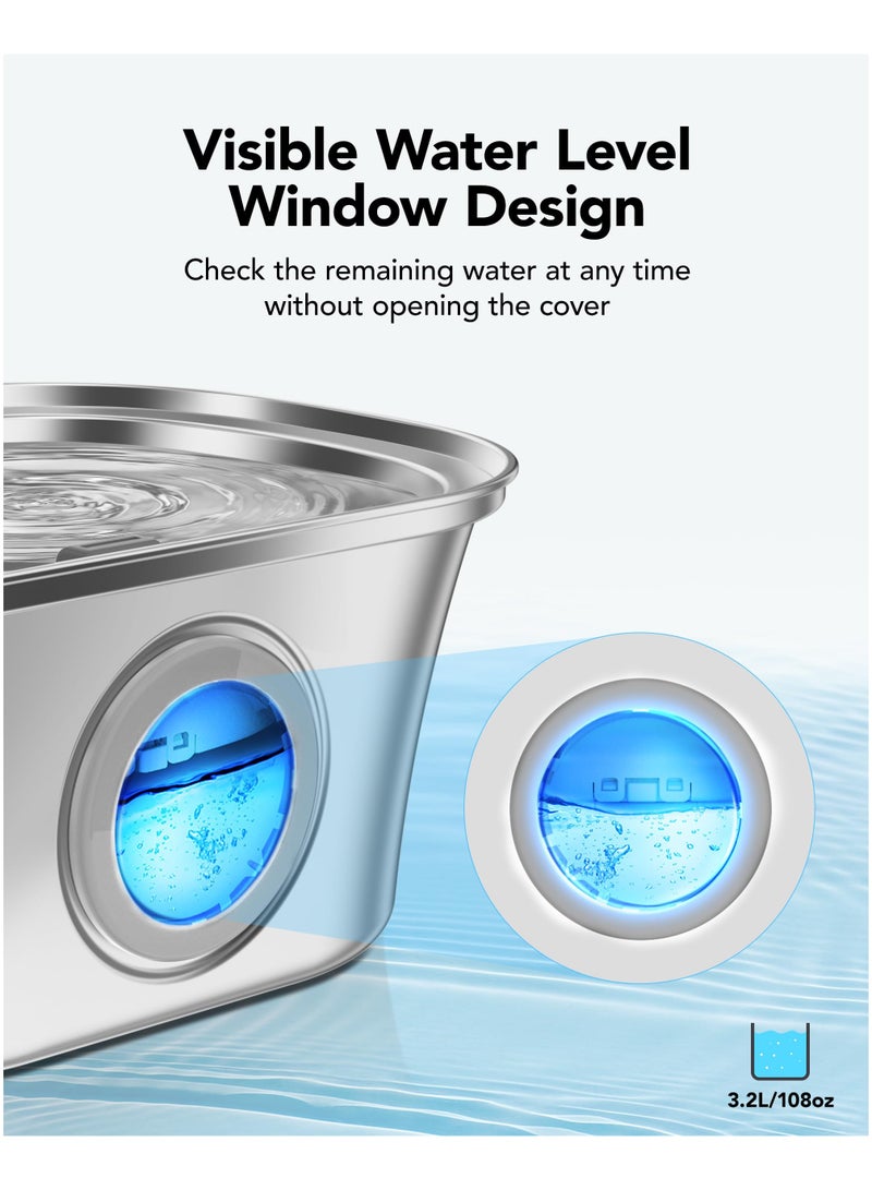 Stainless Steel Cat Water Fountain, 3.2L Automatic Pet Dispenser with Water Level Window, Ultra-Quiet Pump and Multi-Filter System, Dishwasher Safe - Image 2