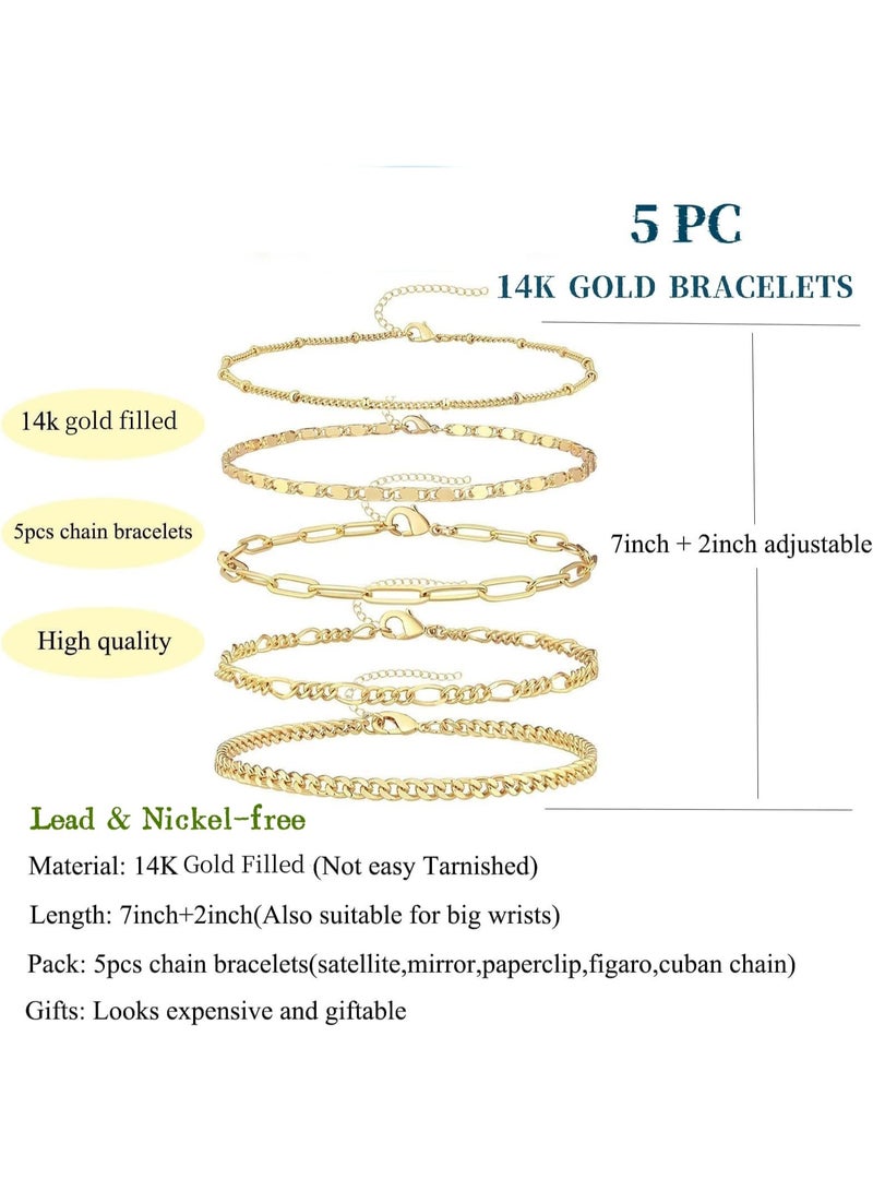 CAMSCH 5PCS Gold Bracelets Set for Women Non Tarnish Trendy,14K Gold Plated Dainty Stackable Paperclip Cuban Link Chain Bracelets, Simple Cute Cuff Bracelets Jewelry Set Adjustable 7"+2" - Image 5