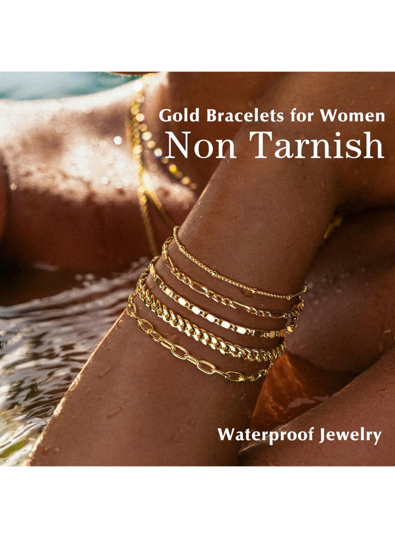 CAMSCH 5PCS Gold Bracelets Set for Women Non Tarnish Trendy,14K Gold Plated Dainty Stackable Paperclip Cuban Link Chain Bracelets, Simple Cute Cuff Bracelets Jewelry Set Adjustable 7"+2" - Image 4