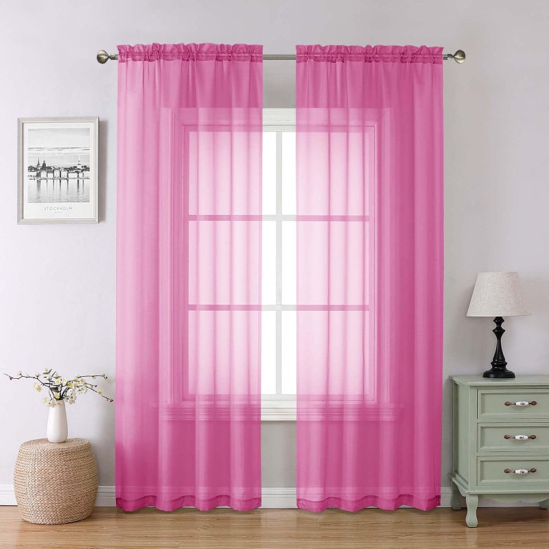 Lecloud Hot Pink Sheer Curtains for Bedroom 84 Inches Long 2 Panels, Light Filtering Voile Rod Pockets Window Curtains for Living Room, Rustic Farmhouse Decor Drapes, Each Panel 42" W x 84" L - Image 1