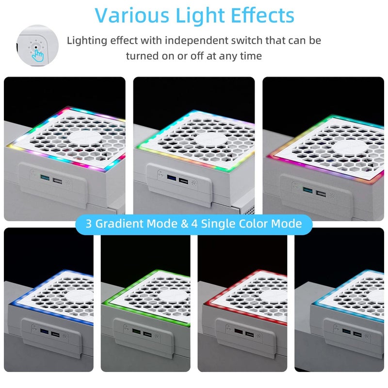 Mcbazel Cooling Fan for Xbox Series S, RGB LED Display, Low Noise, 2 Extra USB Ports, 3 Level Adjustable Speed External Cooler Fan for Xbox Series S Console Only - White - Image 3