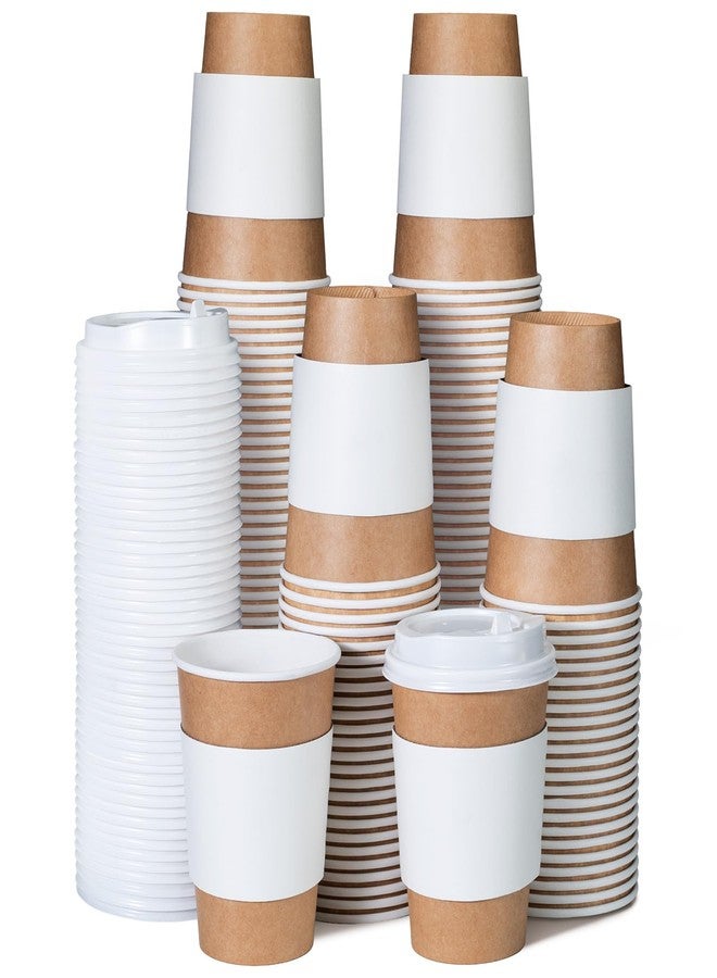 MATICAN 12 oz Disposable Coffee Cups with Lids and Sleeves, 100-Pack Hot To Go Paper Cups for Cold or Warm Drinks, Bulk Party, Travel, and Office Use, Kraft Brown - Image 1