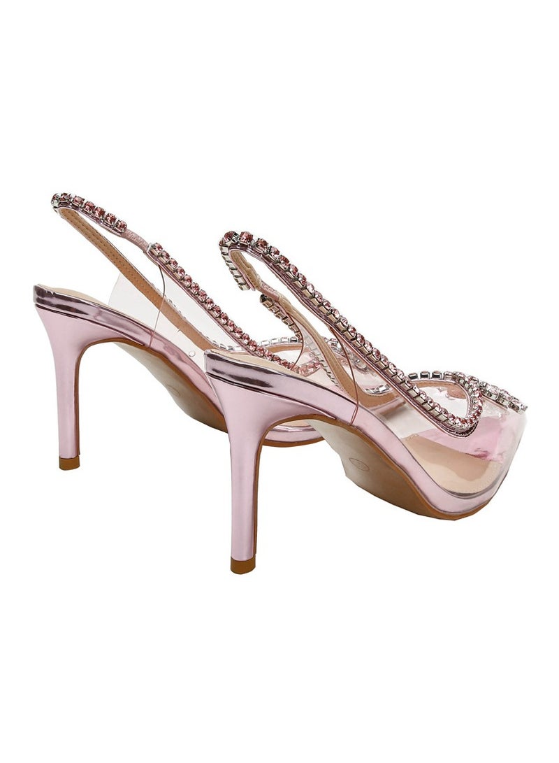 Women's Rhinestone Transparent Closed Pointed Toe High Heels With Strap Stiletto Pumps Pink 8.5 CM  - Image 4